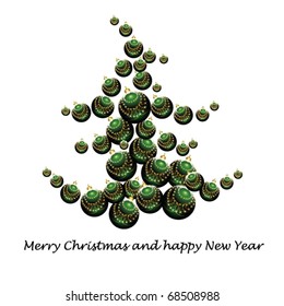Stock vector illustration white card with Christmas tree made of gree sparkling decorations