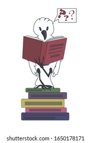 Stock vector illustration. A white crow sits on a stack of books and reads a book, question marks are drawn above his head, as a symbol for finding answers