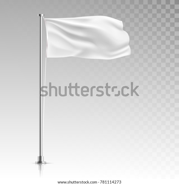 Stock vector\
illustration. white flag template stand on steel pole isolated on\
transparent background. Realistic vector illustration waving fabric\
in the wind on metal pillar. \
