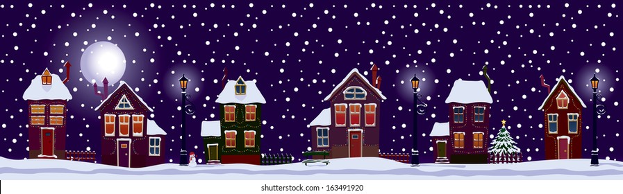 Stock vector illustration of winter cityscape street home in the snow decorated for the holiday Christmas