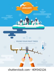Stock vector illustration winter landscape with mountains, trees in snow, low temperature thermometer, trimming tree branches in flat style element for info graphic, website