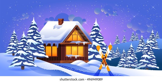 Stock vector illustration of a winter landscape with snowdrifts, fir trees, skis stuck in snow and wooden house at sunset