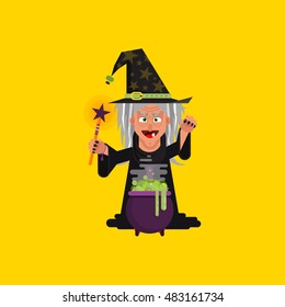 Stock vector illustration a witch conjures at a cauldron with brew, character for halloween in a flat style