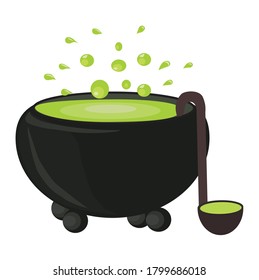 Stock vector illustration of a witch's cauldron with a boiling potion and a ladle on a white background.