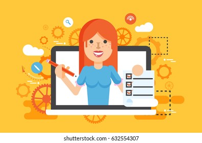 Stock vector illustration woman laptop notebook offers fill in application form design element education, subscription, email marketing, newsletter online management flat style yellow background icon