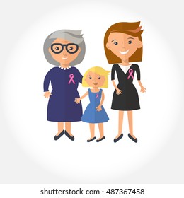 Stock vector illustration of a womans from one family with pink ribbon. Awareness of breast cancer. Mother, grandmother and dauther portrait with breast cancer silk pink ribbon