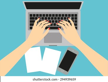 Stock Vector Illustration:
women in the workplace. Hands desks laptop screen vector illustration of business people Top View angle above the office