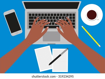 Stock Vector Illustration: women in the workplace. Hands desks laptop screen vector illustration of business people Top View angle above the office