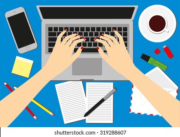 Stock Vector Illustration: women in the workplace. Hands desks laptop screen vector illustration of business people Top View angle above the office