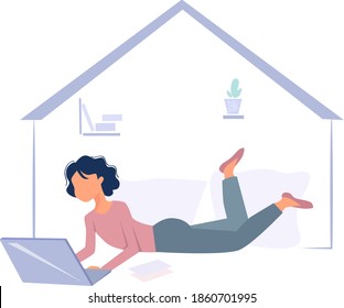 Ilustración vectorial de acciones Trabajador en la oficina del hogar, niña trabajando desde el hogar 