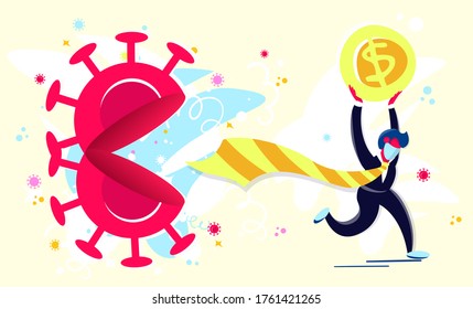 Stock vector illustration of world financial crisis concept. Businessman in medical mask runs away from coronavirus, holding dollar coin in hands. Protect immunity and business from covid-19 virus.