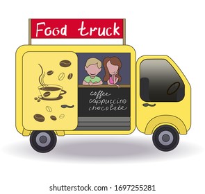Stock vector illustration. Yellow bus, in it are sellers a guy with a girl. It is written on the text- Food truck, coffee, cappuccino, chocolate