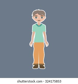 Stock vector illustration young beautiful boy with brown hair in a green shirt and brown pants