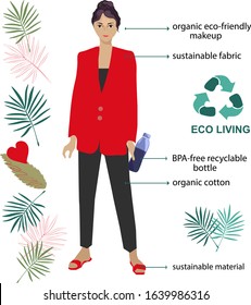 stock vector illustration of young pretty female persol wearing eco friendly materials, organic makeup, sustainable fabrics and recyclable things. Isolated on white poster showing zero waste lifestyle