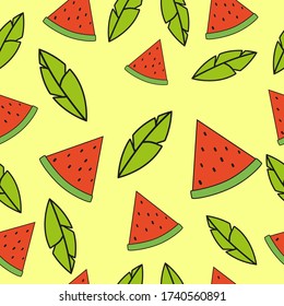 Stock vector illustration.Pattern of watermelon slices and leaves on a yellow background.