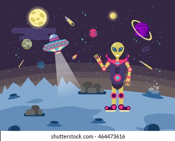 Stock vector illustrations alien on the moon surface on a background of outer space, flying saucer and the planets of the solar system in a flat style