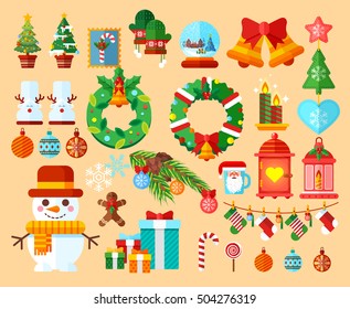 Stock vector illustrations set Christmas accessories in a flat style design elements for decoration backgrounds, printed materials, web sites, cards, covers, wallpaper