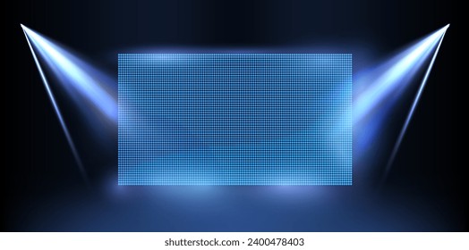 Stock vector image of a blue LED concave wall video screen glowing in the dark, surrounded by spotlights