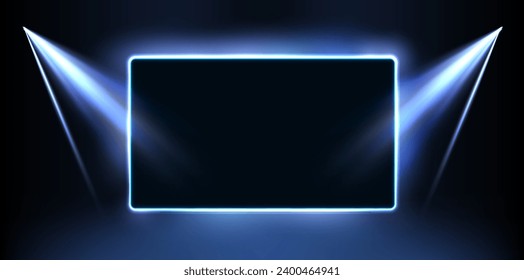 Imagen vectorial de un marco neón azul futurista con alas sobre un fondo negro, creando un efecto 3D.
