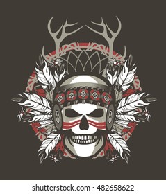 Stock Vector Indian skull chief badge on Black background
