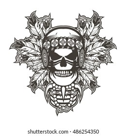 Stock Vector Indian skull chief badge black and white