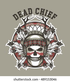 Stock Vector Indian skull chief badge on gray background