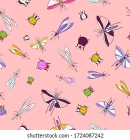Stock vector infinite textured pink print with drawn insects, butterflies, dragon-flyies and beetles. Fashion summer seamless pattern. No limits stylish garden wallpaper. Fresh floral sunny background