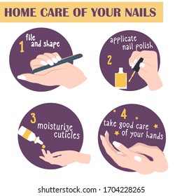 Stock vector infographic poster of steps take care of nails at quarantine isolation at home. How to keep manicure by yourself. Hand fingernail treatment procedure. Shape, file, cuticles, polish, paint