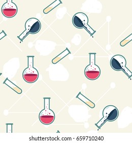 Stock vector ink hand drawn seamless pattern with test tube and flask, abstract background modern, flat, pop styles. Pattern ideal for wrapping paper, web and textiles, fashion industry. EPS 8