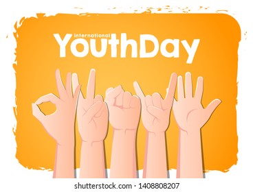 stock vector international youth day,12 August. hands up on orange background