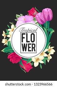 stock vector of invitation card template design with exotic tropical flowers in black background illustration