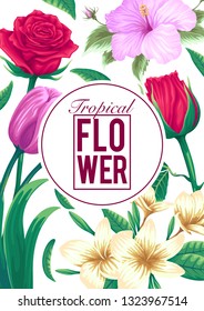 stock vector of invitation card template design with exotic tropical flowers in white background illustration