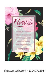 stock vector of invitation card template design with exotic tropical flowers in black background illustration