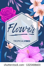 stock vector of invitation card template design with exotic tropical flowers in blue background illustration