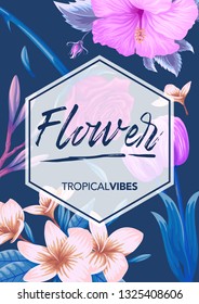 stock vector of invitation card template design with exotic tropical flowers in blue background illustration