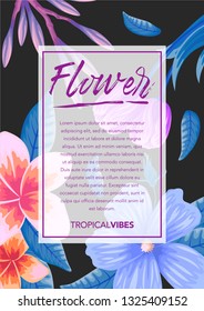 stock vector of invitation card template design with exotic tropical flowers in black background illustration