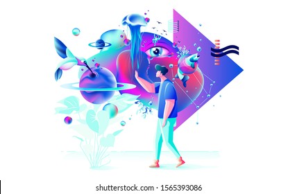 Stock vector isolated abstract modern colorful illustration man in surreal unreal world hummingbird planet jellyfish fish eye fluid futuristic geometric composition for web design business template