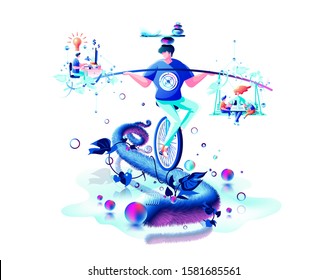Stock vector isolated abstract modern colorful illustration man circus performer riding unicycle on rope balance business equilibrium counterpoise between family household and work job time management
