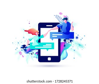 Stock vector isolated abstract modern illustration man woman online are connected via chat from Internet on smartphone sms support correspondence communication connection virtual date in touch
