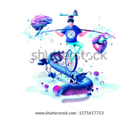 Stock vector isolated abstract modern colorful illustration man circus performer riding unicycle on rope balance in hand equilibrium counterpoise between heart and brain mind perpetual motion machine