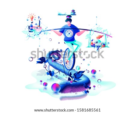 Stock vector isolated abstract modern colorful illustration man circus performer riding unicycle on rope balance business equilibrium counterpoise between family household and work job time management