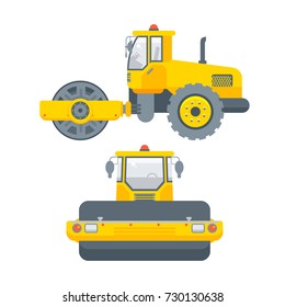 Stock vector isolated asphalt paver machine illustration side view and front view, paving roads business building materials, design element flat style white background for motion design or infographic
