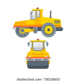 Stock vector isolated asphalt paver machine illustration side view and front view, paving roads business building materials, design element flat style white background for motion design or infographic