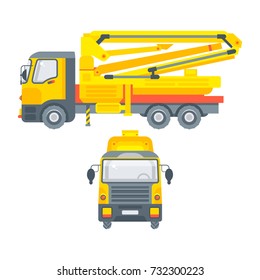 Stock vector isolated auto concrete pump car, special construction machinery, illustration side view and front view, business building materials, design element in flat style on white background