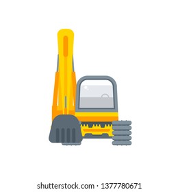 Stock vector isolated bagger, dredge, dredger, excavator digging pit power shovel navvy, drag illustration front view, business building, design element in flat style on white background