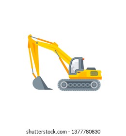 Stock vector isolated bagger, dredge, dredger, excavator digging pit power shovel navvy, drag illustration side view, business building, design element in flat style on white background