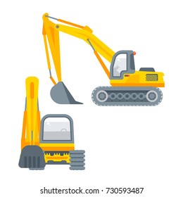 Stock vector isolated bagger, dredge, dredger, excavator digging pit power shovel navvy, drag illustration side view and front view, business building, design element in flat style on white background