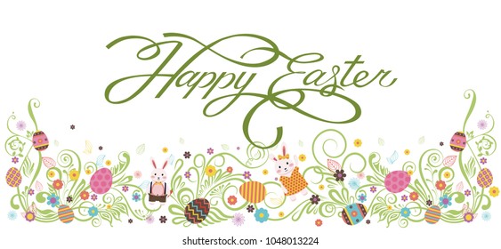 Stock vector isolated banner inscription, hand lettering, calligraphy, typography Happy Easter bunny, rabbit, hare, lapin, colored Easter eggs, spring decoration flower element design white background