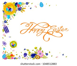 Stock vector isolated banner inscription hand lettering calligraphy typography Happy Easter nest with colored eggs, spring tulip flowers and leaves decoration element design on white background