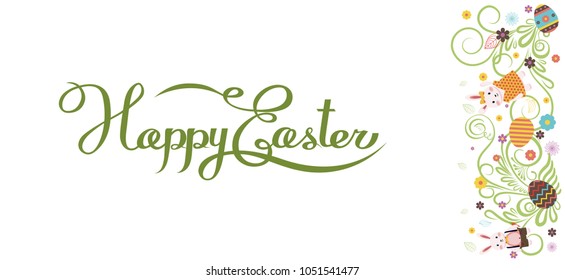 Stock vector isolated banner inscription, hand lettering, calligraphy, typography Happy Easter bunny, rabbit, hare, lapin, colored Easter eggs, spring decoration flower element design white background